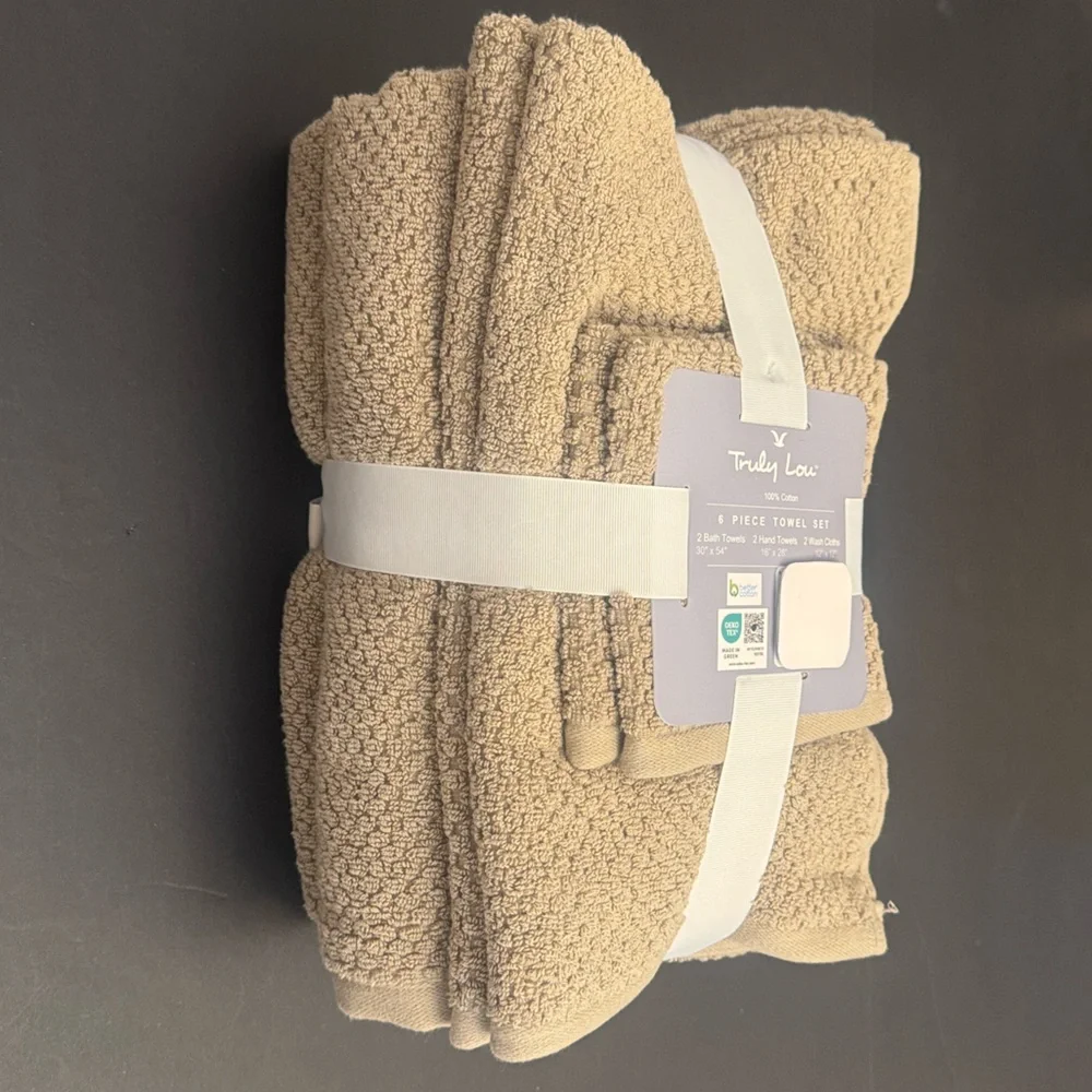 6pc TRULY LOU 100% Cotton Bath Towel Set - Casasesm22 - Tan Bundle